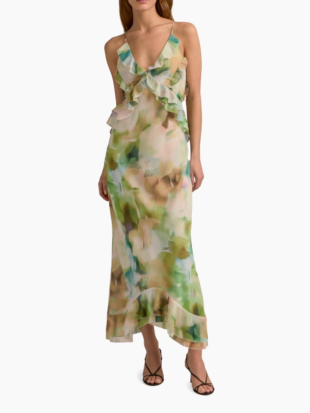 Favorite Daughter Watercolor Ruffle Slip Dress in Green and Cream